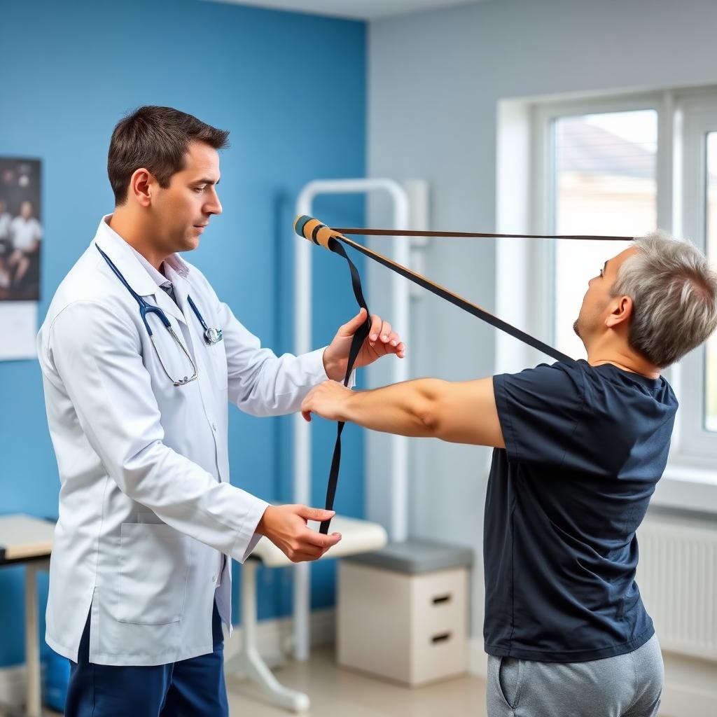 Fysioterapeut vejleder patient i øvelse med elastik
